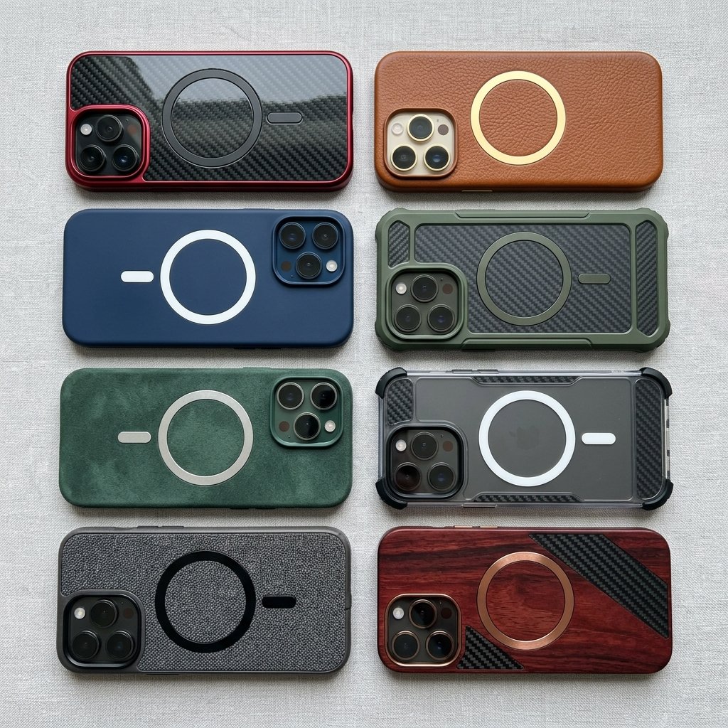 Flatlay of premium phone accessories and cases